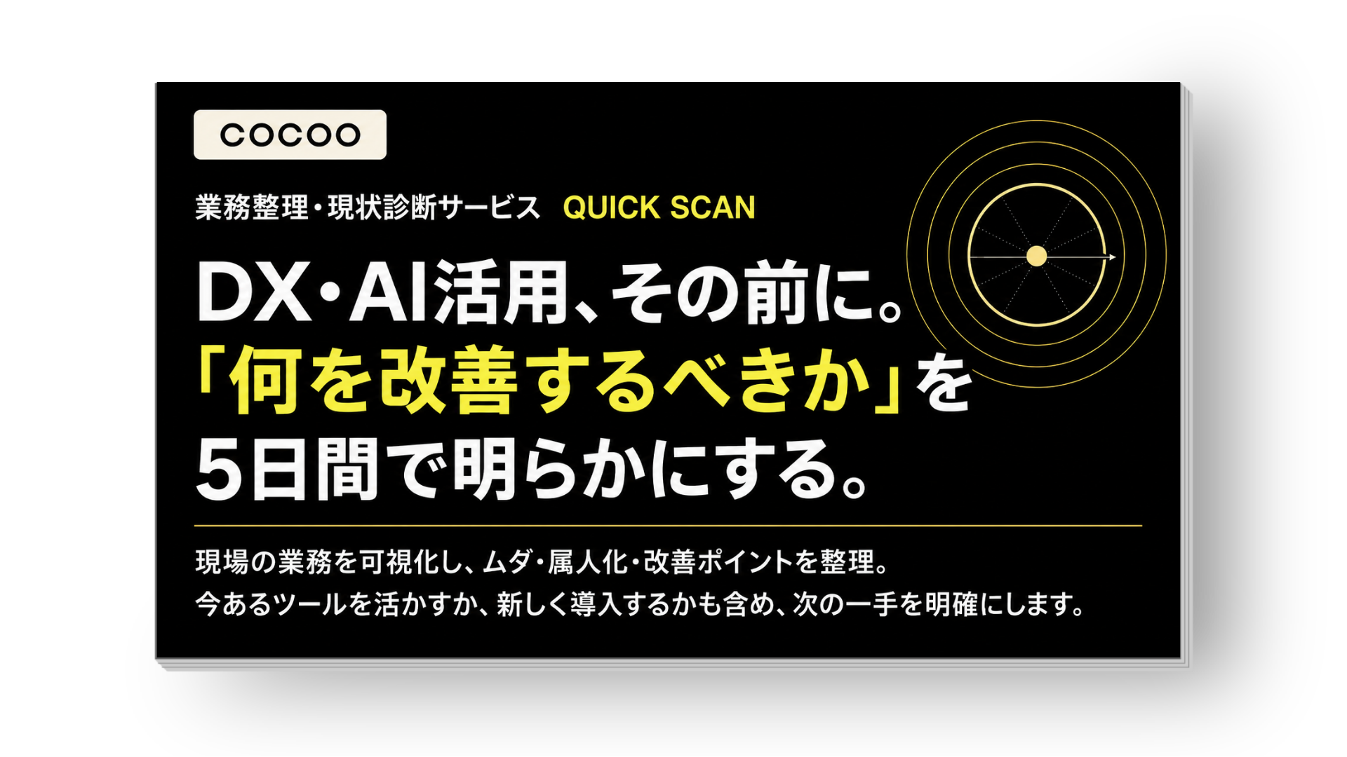 業務整理・現状診断サービス  QUICK SCAN　DX・AI活用、その前に。「何を改善するべきか」を5日間で明らかにする。